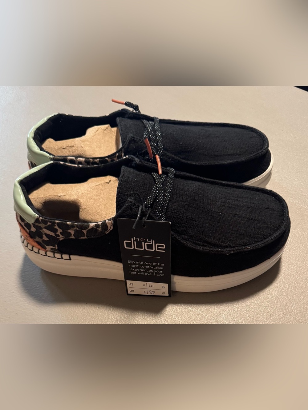 NWT Hey Dude Women’s Wendy Rise Funk Black Slip-On Shoes Leopard Trim Size 8